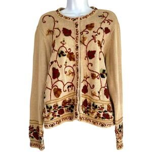Vintage David Hollis Embroidered Fall Leaves Knit Cardigan Sweater Size Large‎